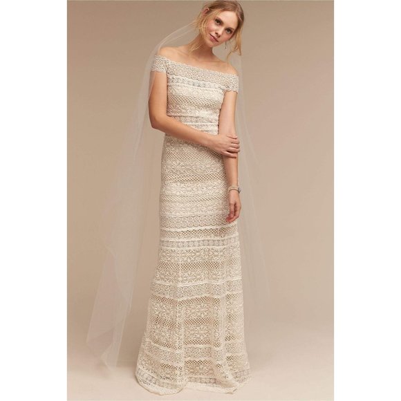BHLDN Tadashi Shoji Eira Wedding Gown Lace Off the Shoulder Size 12 - Picture 1 of 10